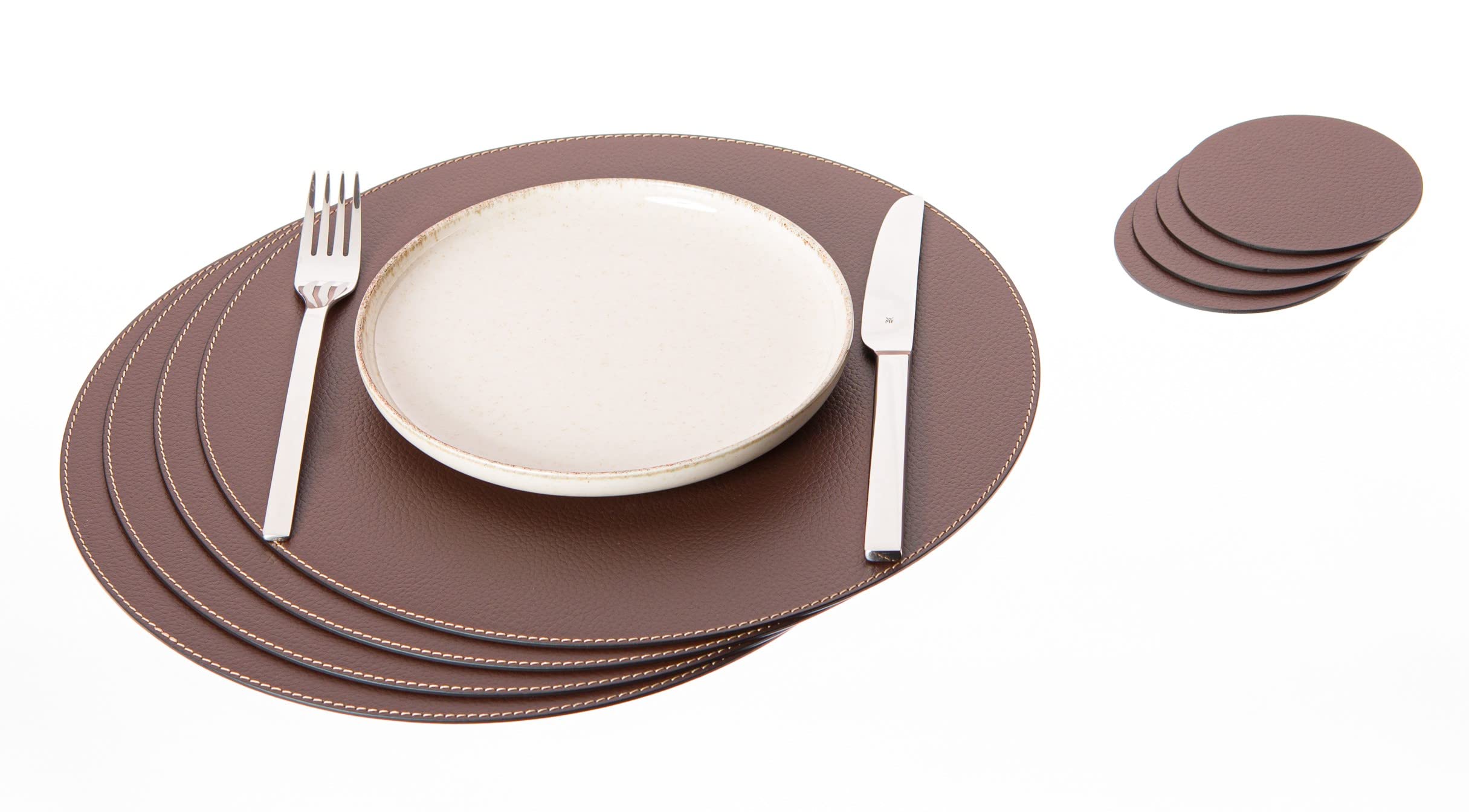 Nikalaz Set of Round Placemats and Coasters, 4 Table Mats and 4 Coasters, 33 cm Diameter Place Mat and 10 cm Coaster, Recycled Natural Leather, Dining Table Decor (Brown)