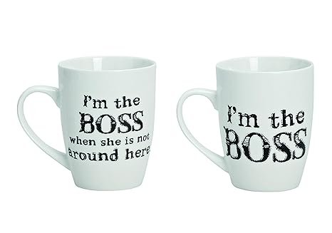 Porzellan Tassen Set für Paare mit Sprüchen Bedruckt - 3 Aufdruck Varianten - Kaffeetassen Aufschrift I'm The Boss 250ml - Pa
