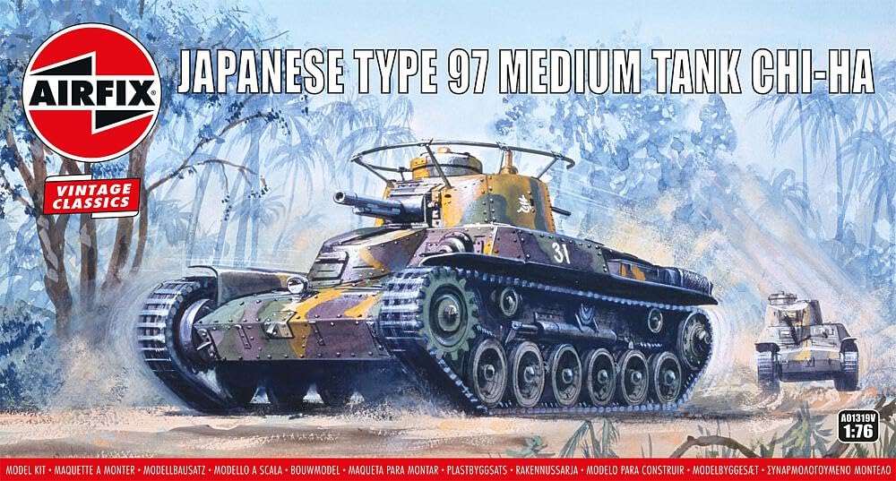 Airfix Vintage Classics Set - A01319V Type 97 Chi Ha Japanese Tank - Plastic Model Tank Kits for Adults & Children 8+, Set Includes 68 Pieces, Sprues & Decals - 1:76 Scale Model
