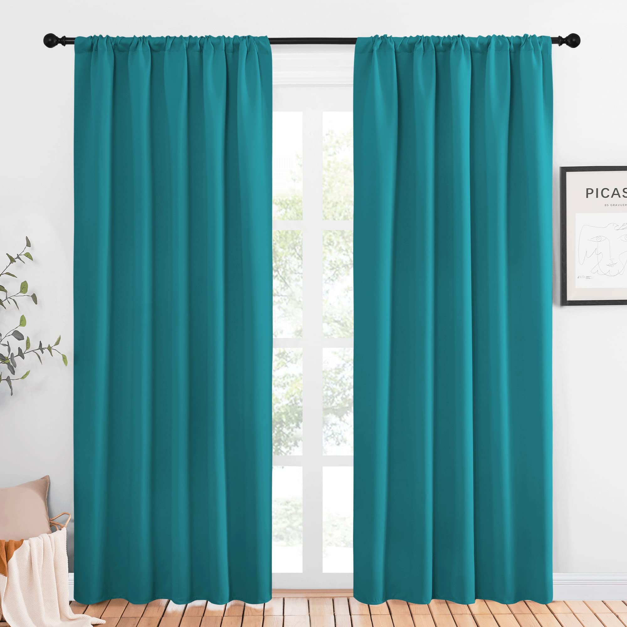 NICETOWN Peacock Blue Blackout Curtains Panels for Window, Thermal Insulated Rod Pocket Blackout Drapes/Draperies for Living Room (2 Panels, W52 x L84 inches) Image