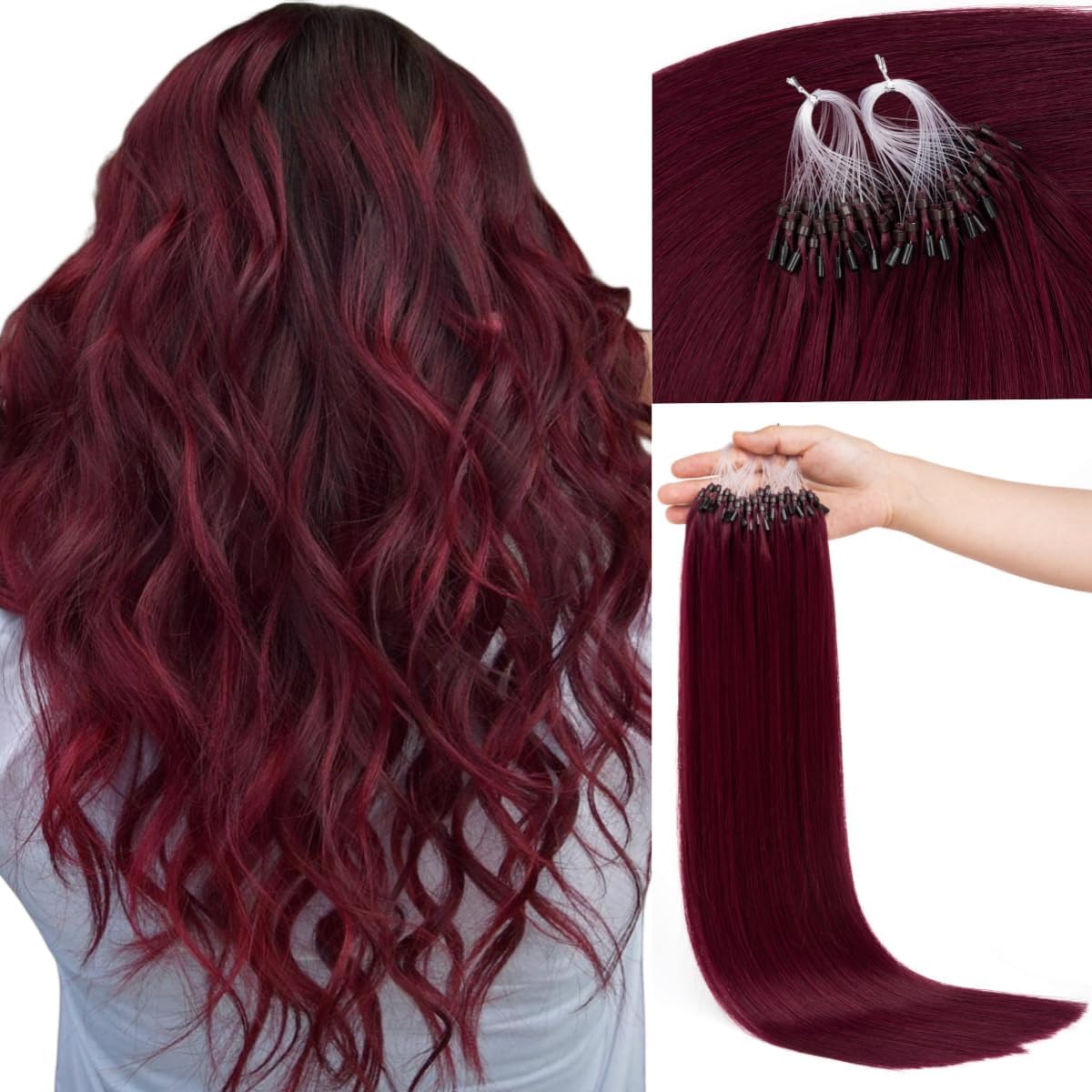 Kun Na Human Hair Wine Red Micro Beads Hair Extensions Burgundy Micro Loop Hair Extensions 24 Inch 50g #99J — image 1