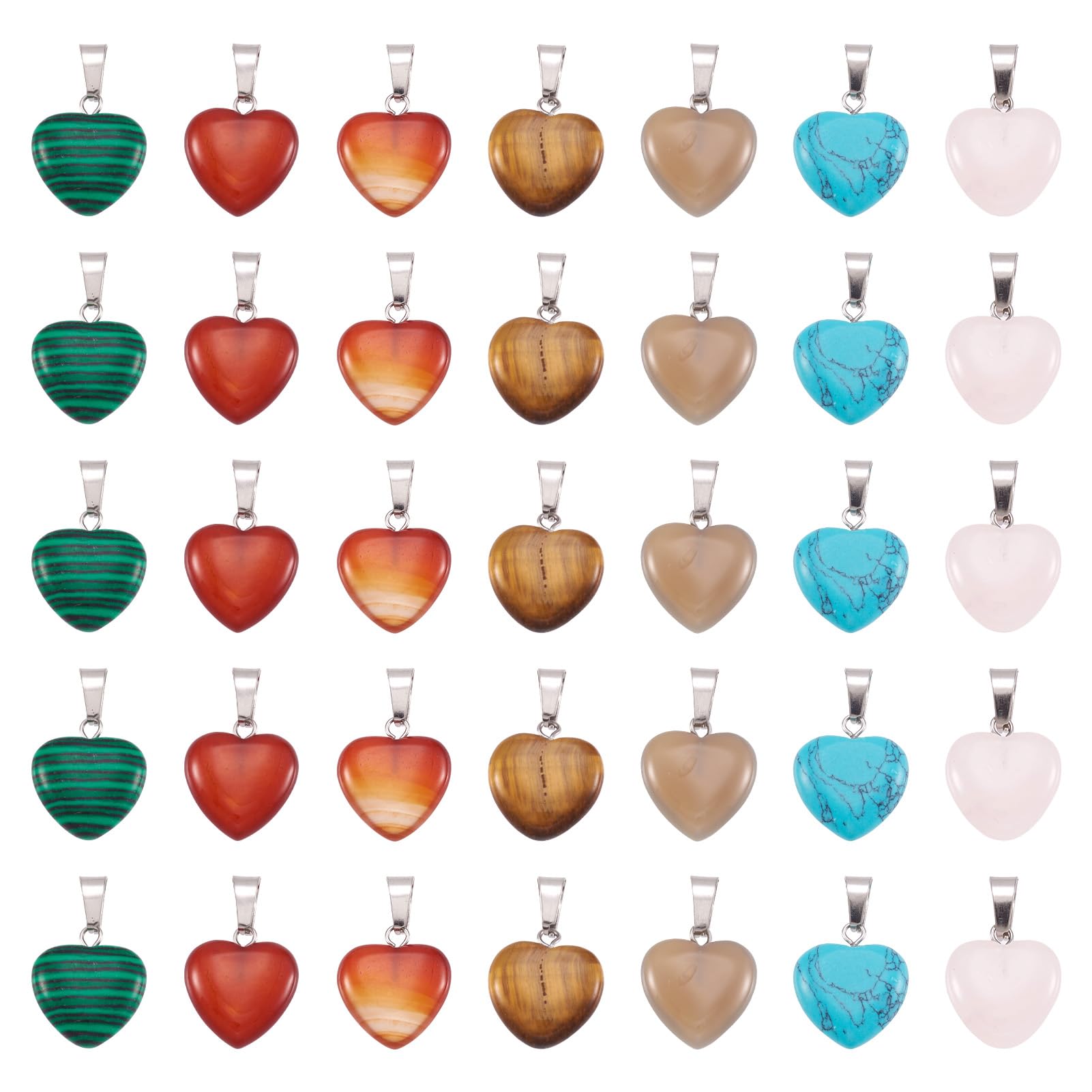 PandaHall 50pcs Heart Natural Gemstone Pendants Healing Crystal Chakra Gemstone with Platinum Findings for Jewelry Making(Random Mixed)