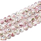Pandahall 60Pcs White Rose Flower Lampwork Beads Millefiori Flower Glass Beads Crystal Flower Beads Gold Sand Lampwork Beads for Bracelet Necklace Craft Jewelry Making