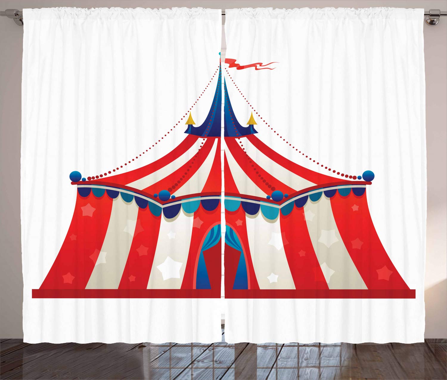 ABAKUHAUS Circus Curtains, Colorful Striped Circus Marquee Tent Stars Carnival Performance Illustration, Living Room Bedroom Window Drapes 2 Panel Set, 280 x 225 cm, Vermilion Blue