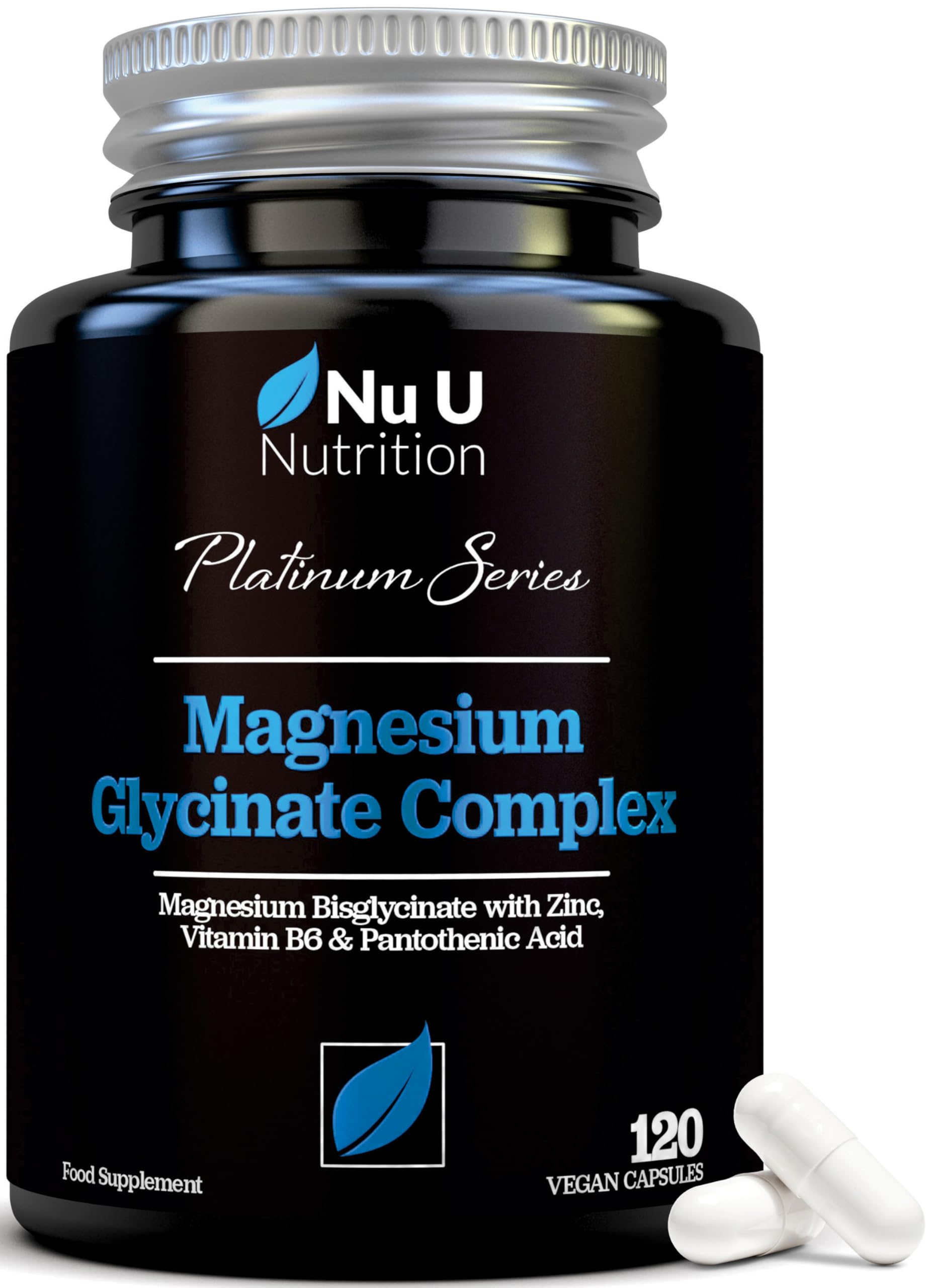 Magnesium Glycinate Complex with Vitamin B6, Zinc & Pantothenic Acid - 120 Vegan Capsules - 250mg Elemental Magnesium per Serving - High Strength Magnesium Bisglycinate - Nu U Nutrition