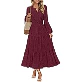 MEROKEETY Women's Fall Long Sleeve Floral Maxi Dress Lace Eyelet Hollow Out Tiered Boho Wedding Guest Dresses Pockets