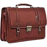 Banuce Vintage Genuine Full Grain Italian Leather Briefcase for Men with Lock 14 Inch Laptop Attache Case with Luggage Strap Brown