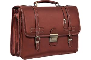 Banuce Vintage Genuine Full Grain Italian Leather Briefcase for Men with Lock 14 Inch Laptop Attache Case with Luggage Strap Brown