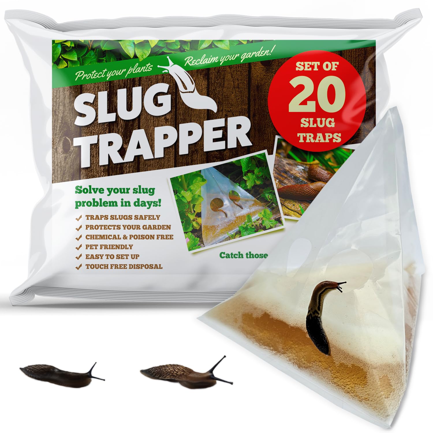 SLUG TRAPPER - 20 Snail Traps for Indoor and Outdoor - Disposable Garden Beer Traps, Pet Safe Repellent, Slug Killer Pellets Alternative