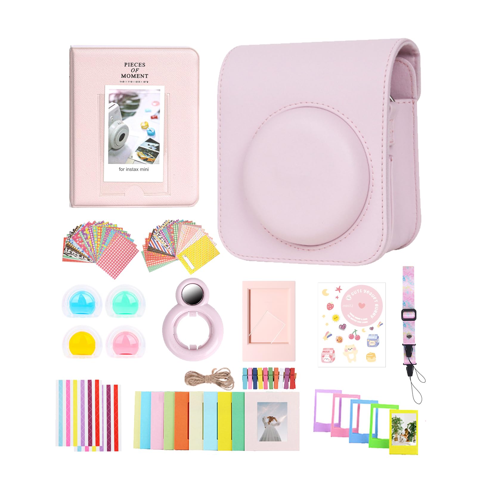 Aisnyho 12 in 1 Accessories Kit for Fujifilm Instax Mini 12 Instant Camera with Camera Case+Photo Album & Frames+DIY Sticker+Selfie Lens+Wall Hanging Frame+Colored Filter (Blossom Pink)