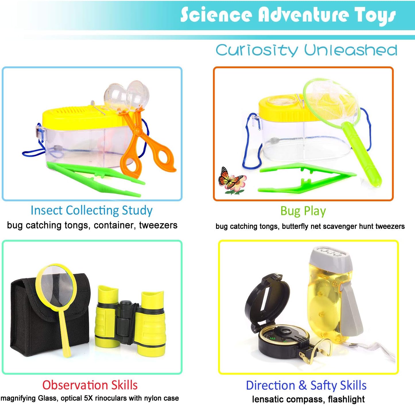Outdoor Explorer Kit - Bug Catcher Kit with Binoculars, Flashlight, Compass, Magnifying Glass, Butterfly Net and Backpack Toy for Boys Girls Age 3-12 Year Old Camping Hiking: Camera & Photo