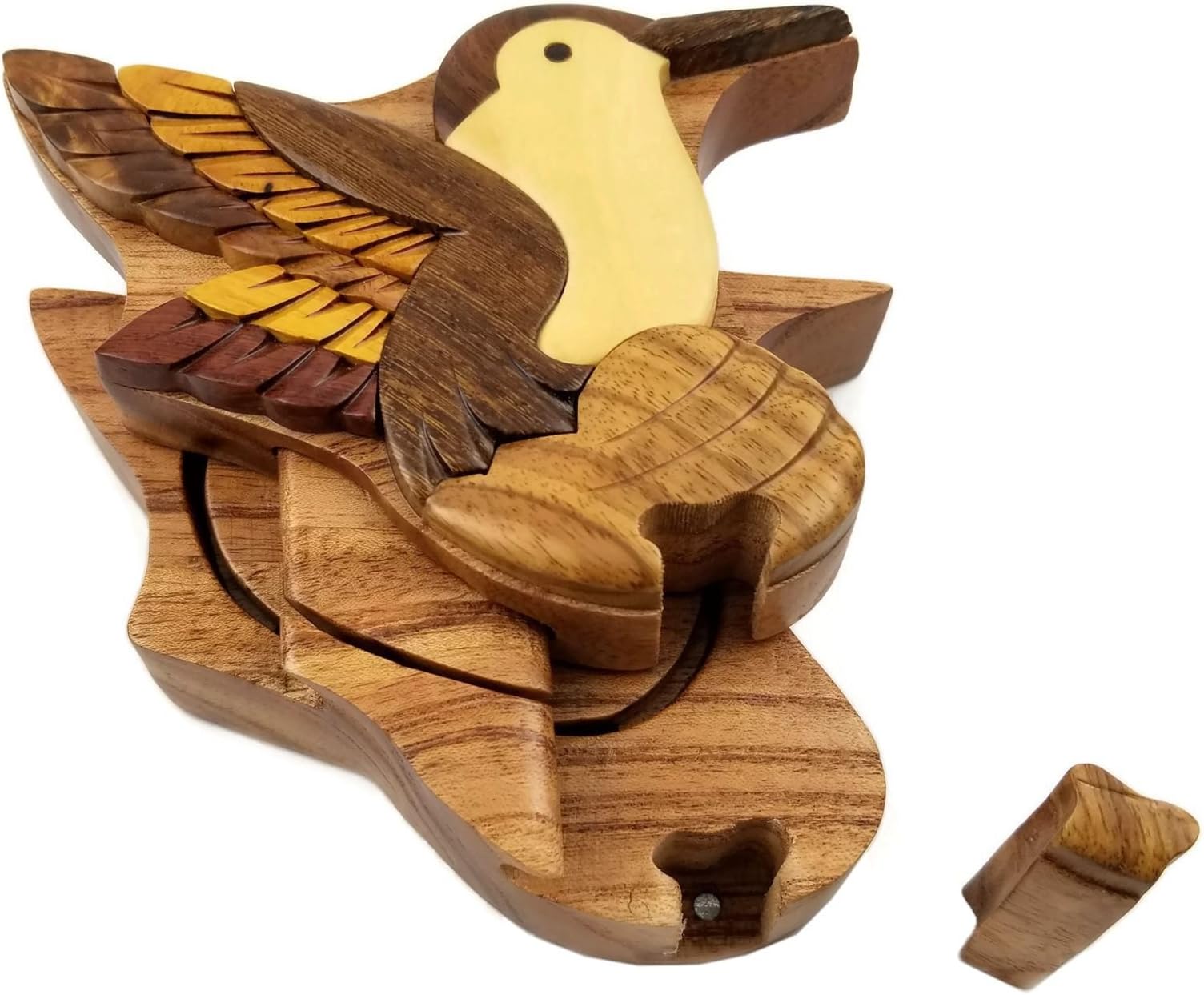 Humming Bird All Natural Exotic Woods Puzzle Box, 5 x 6 x 2 with Sliding Wooden Key Lock, Sliding Cover and Inner Lid to Hidden Compartment. Hand-made Wood Onlay Design on Lid.