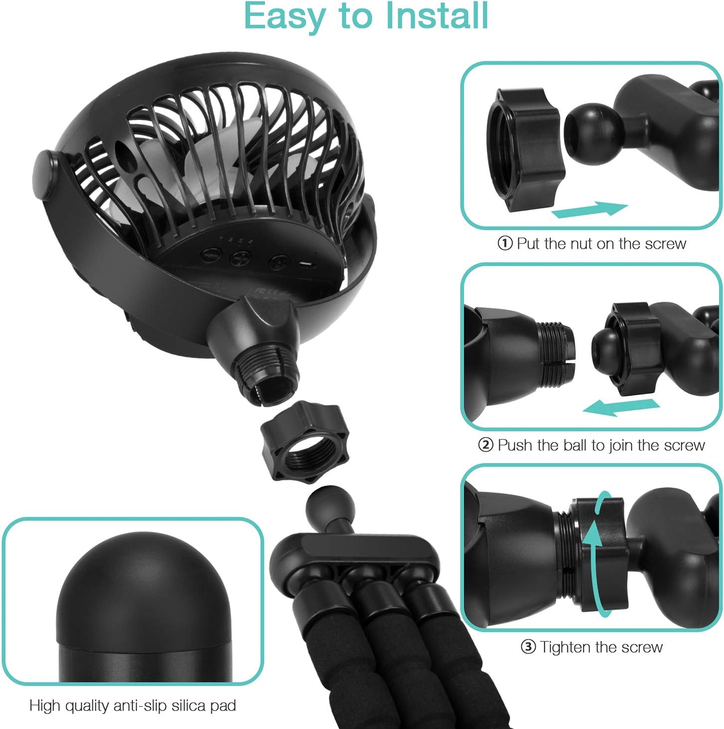 Portable Handheld Fan, 2600mAh Battery Powered Personal Desk Baby Fan Air Circulator Fan with Flexible Tripod, Ultra Quiet 4 Speed 360° Rotatable USB Fan for Stroller Office Camping Hurricane Outage,Black: Home & Kitchen
