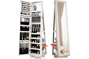 IFANNY Full Length Mirror with Storage, Lockable 360° Swivel Jewelry Cabinet Standing w/Inside Makeup Mirror & Back Shelves, 