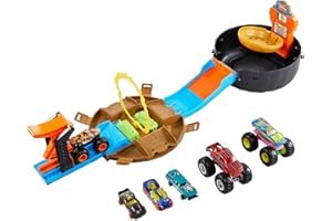 Hot Wheels Ensemble de jeu Monster Trucks Toy Monster Trucks, étui en forme de pneu se transforme en parcours de course, 3 ca