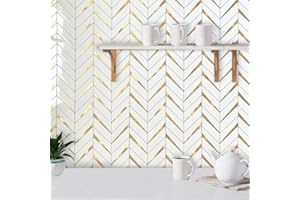 DICOFUN 10-Sheet Herringbone Tile Peel and Stick Backsplash, Polished White PVC Mixed Metal Gold Stick on Backsplash for Kitchen and Bathroom Wall