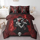 Erosebridal 7Pcs Skull Couple Twin Comforter Set,Kissing Lovers Skeleton Bedding Sets,Vintage Rose Flower Bed in A Bag,Gothic Spooky Lover Quilt with Flat Fitted Sheet Valentine's Day Bedroom Decor