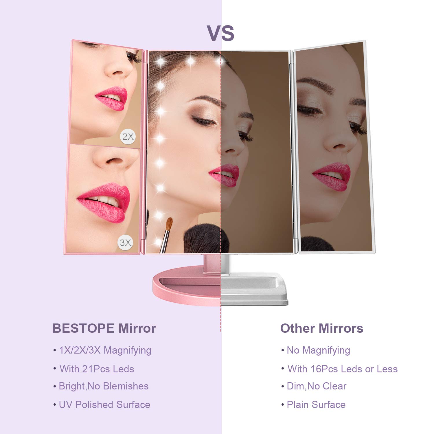 BESTOPE Makeup Mirror with Lights 21 Led Vanity Mirror with 2X/3X Magnification, Touch Screen, Portable Lighted Makeup Mirror 180 Degree Rotation Dual Power Supply : Beauty