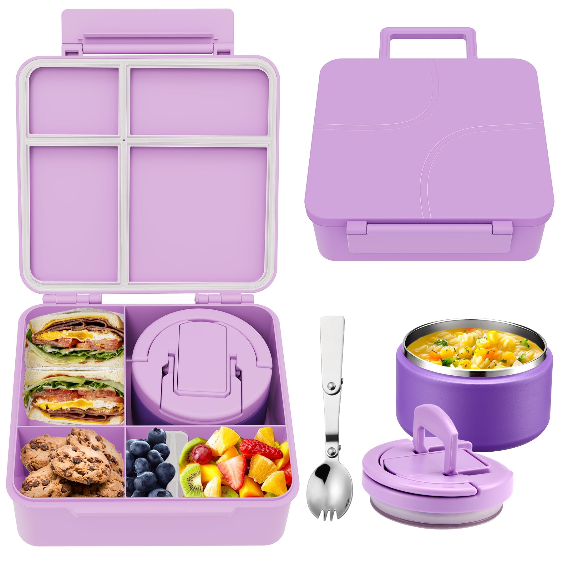 Photo 1 of MAXSO Bento Lunch Box Set for Kids with 8 oz Soup Thermo, Leakproof Hot Food Container with 4 Compartments, Insulated Food Jar for Toddler Daycare Boys Girls School - Purple
