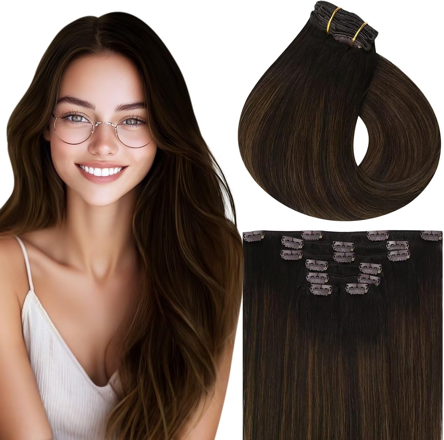 Vivien Brown Clip in Hair Extensions Darkest Brown to Light Brown Balayage Hair Extensions for Women Clip in Hair Extensions Human Hair 22 Inch 120g 7pcs #2/8/2