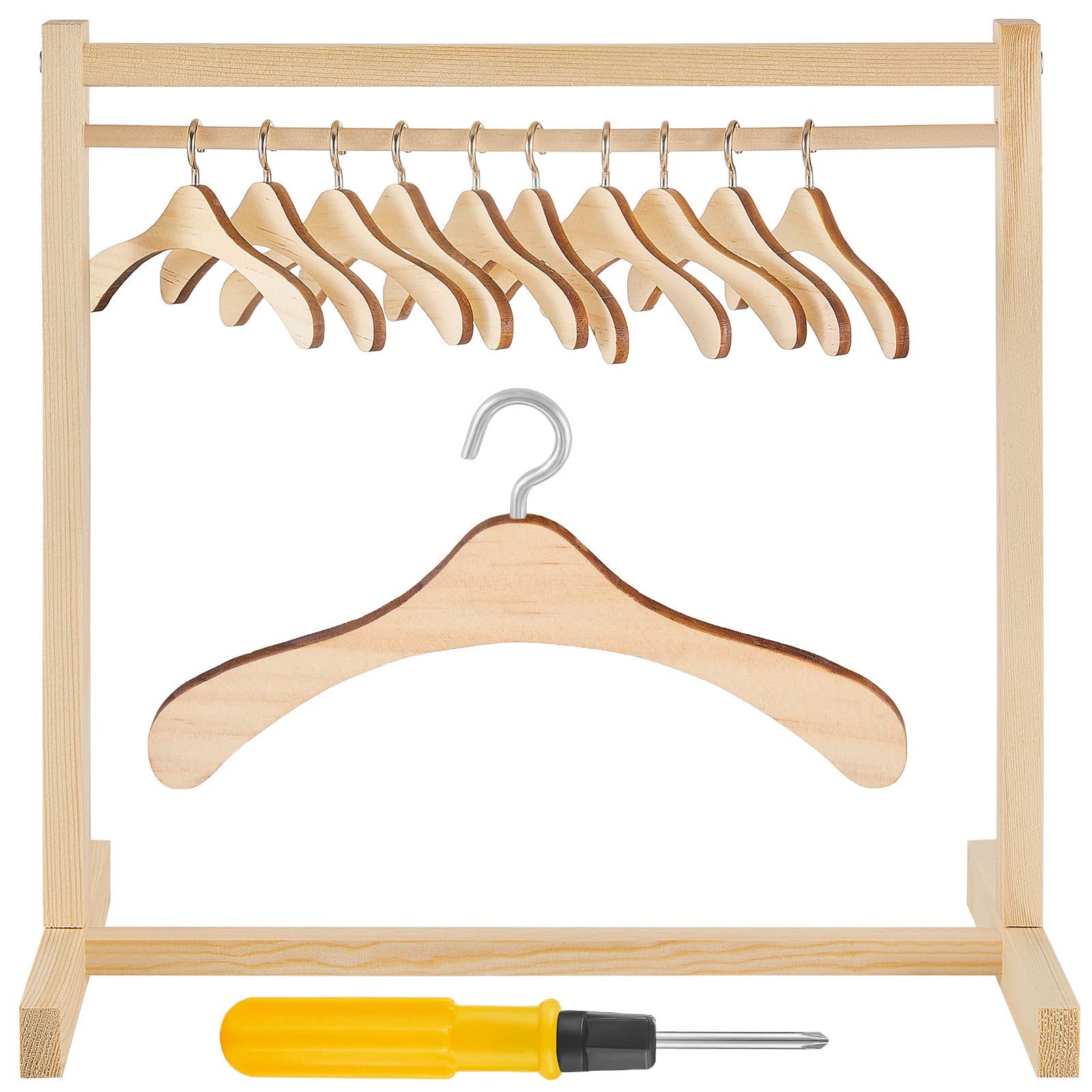 Photo 1 of Civaner 11 Pcs Doll Garment Rack with Wooden Clothes Hanger for 18 Inch Girl Doll Clothes Mini Hangers Wardrobe Furniture Accessories for Dollhouse Baby Shower Supplies (Wood)