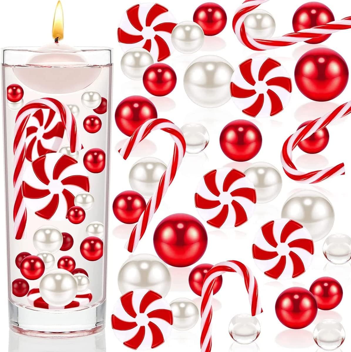 Vase Fillers - 6054 Clear Water Gel Jelly Beads, Candy Cane, Vase Filler Faux Pearls 4/14/20 mm for Christmas New Year Decoration Home Wedding Table Decor (Without Candles and vases)