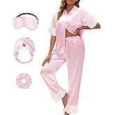 MEEYI Silk Pajamas for Women Short Sleeve Long Pants Satin Pajama Set Ruffle Hem Pj Sets Button Down Sleepwear with Pockets