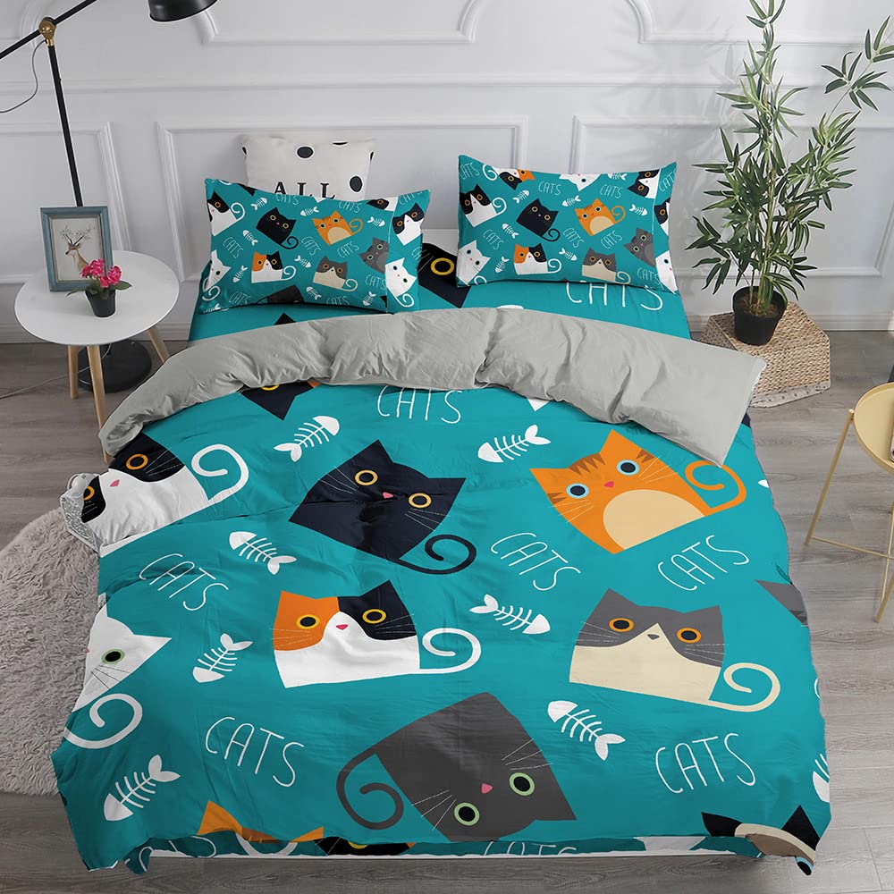 Treer Cat Duvet Cover Set King Size, 3 Pcs Cute Animal Print Bedding Set Soft Microfiber Easy Care Quilt Cover witn 2 Pillow Cases Cartoon Style for Teens Girls Kids Duvet Set - 220 x 240 cm