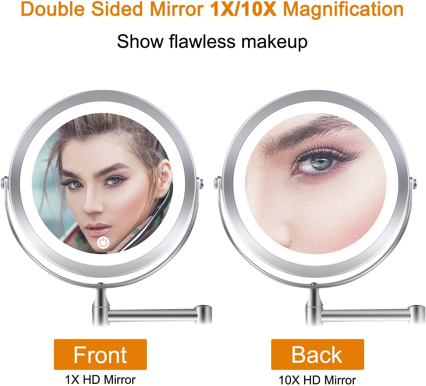 Wall Mounted Makeup Mirror, 1X/10X Magnification 360 Degree Rotation Double Sided LED Lighted Vanity Mirrors for Bathroom AC Adapter or Battery Operated: Furniture & Decor