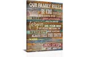 BOLANT Our Family Rules Decorative, Inspirational Wall Art Framed Canvas, Positive Quotes Wall Decor, Rustic Wall Art, Perfect Decor Sign for Living Room, Bathroom and Kitchen (12"x16")