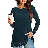 Netsmile Women's Tops Fall Long Sleeve Tunics Loose Dressy Casual Shirts Lace Hem Crewneck Pleated Sweatshirt for Leggings