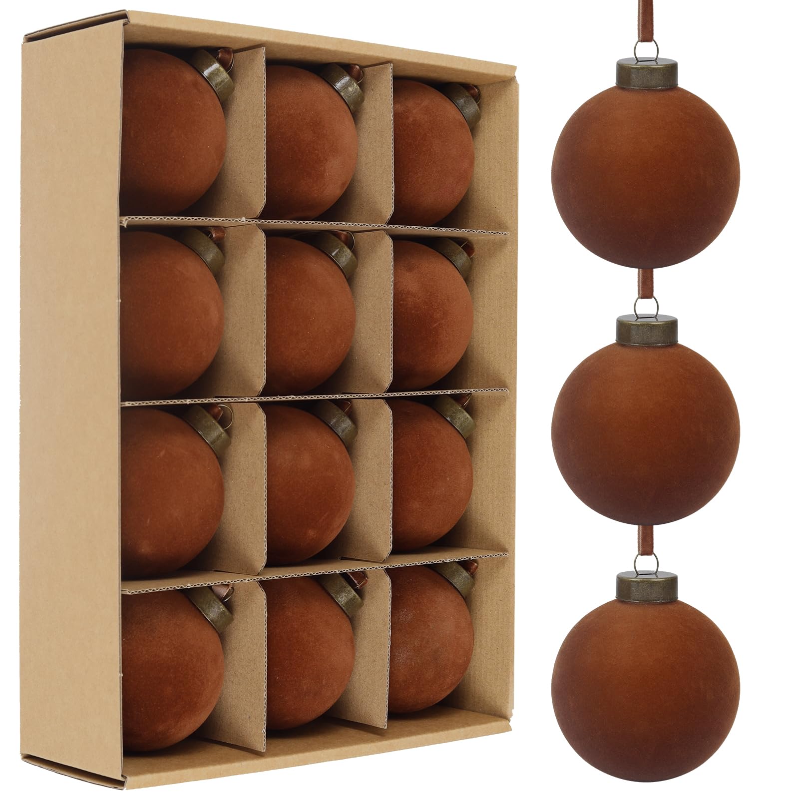 Photo 1 of 12 Pcs Velvet Christmas Balls Bulk Shatterproof Plastic Christmas Tree Decorations for Decorative Hanging Baubles (12, Brown, 3.15Inch)