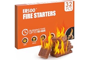 E500 Fire Starter, Fire Starters Squares for BBQ, Campfire, Fireplace, Wood Stove, Chimney, Fire Pit, Grill, 32 Cubes Large Firestarter for Indoor Outdoor Use, Natural Pine Charcoal Starter