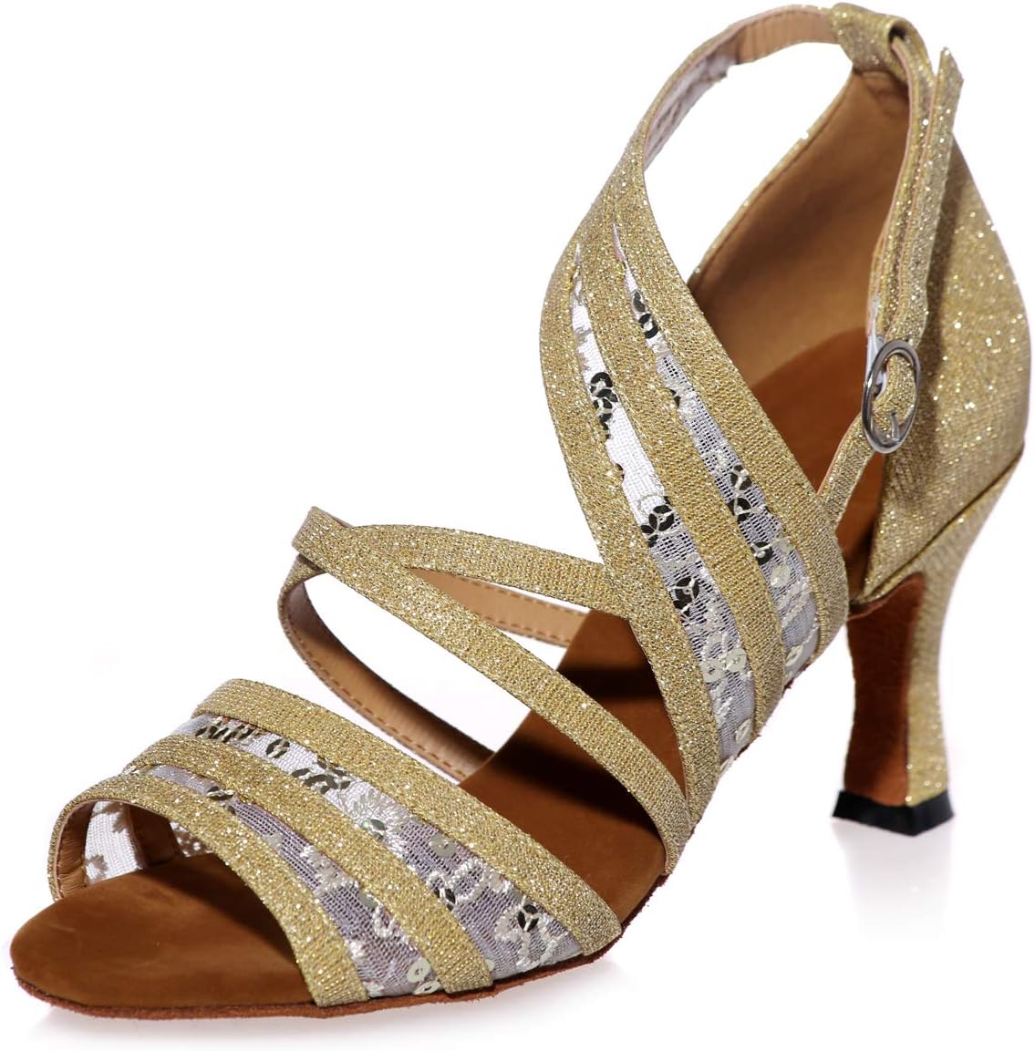 Ladies Latin Salsa Dance Shoes Sequin Mesh Mid Heel Sandals Modern/Samba/Chacha Dance Shoes Ballroom Wedding Indoor Prom,Gold(heel:7.5cm),37EU