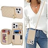 Hamany Crossbody Wallet Case for iPhone 16 Pro Max, PU Leather Zipper Handbag Purse Flip Cover, Kickstand Folio Case with Card Slots Holder Wrist Strap Lanyard 5G 6.9 Inch-White