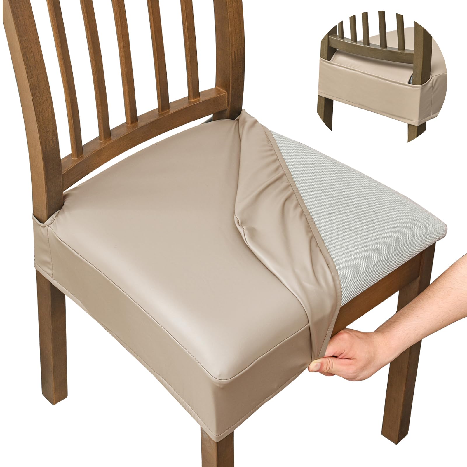 Photo 1 of Alishomtll Waterproof Seat Covers for Dining Room Chairs Set of 4, Stretch PU Leather Chair Seat Slipcovers, Removable Washable Dining Chair Covers Kitchen Seat Protector (4pcs, Rear-Covered, Khaki)
