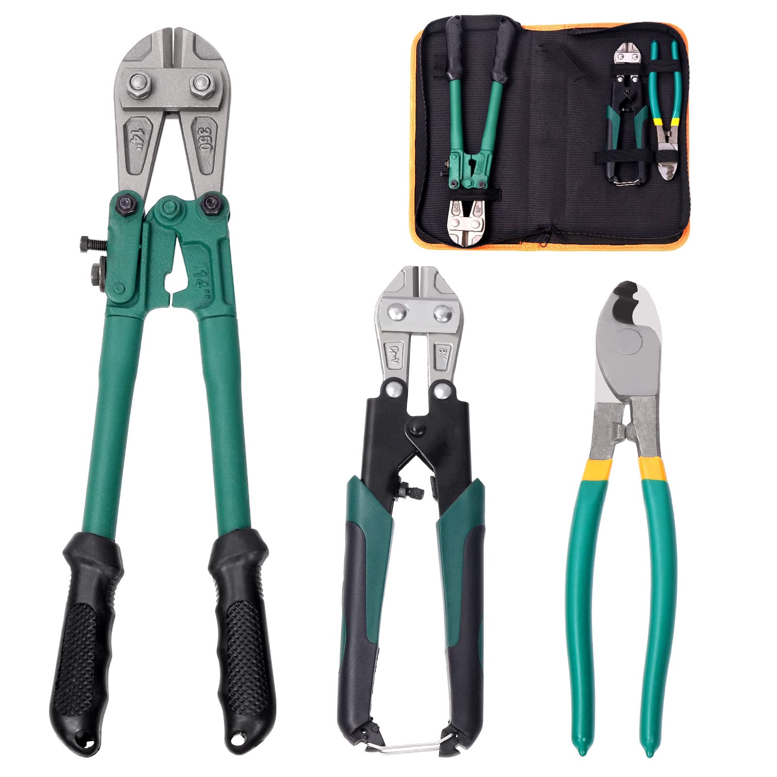 Glarks 3Pcs Bolt Cable Cutters Heavy Duty Wire Rope Cutters Sharp Cutting Assortment Kit, Including 14" and 8" Bolt Cutter, Mini 8" High Leverage Cable Cutter for Cutting Barbed Wire, Railing Cable