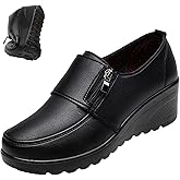 VIFOCUS Women's Round Toe Low Wedge Dress Pumps,Lightweight Comfy Zip Non-Slip Softsole Orthopedic Wedding Party Leather Shoes