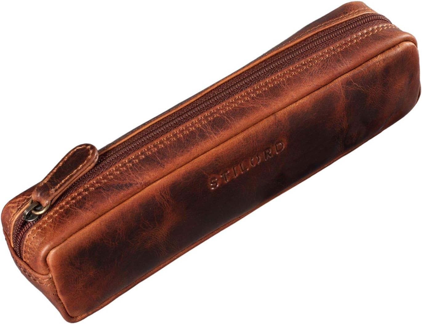 STILORD "Preston" Pencil Case Leather Vintage Pen Pouch Round Organiser Gift for Women Men Stationary Slim in Genuine Leather Colour:Kara