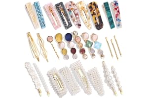 MAGICSKY 28 PCS Hingwah Pearls and Acrylic Resin Hair Clips, Handmade Hair Barrettes, Marble Alligator bobby pins, Glitter Crystal Geometric Hairpin, Elegant Gold Hair Accessories, Gifts for Women Girls