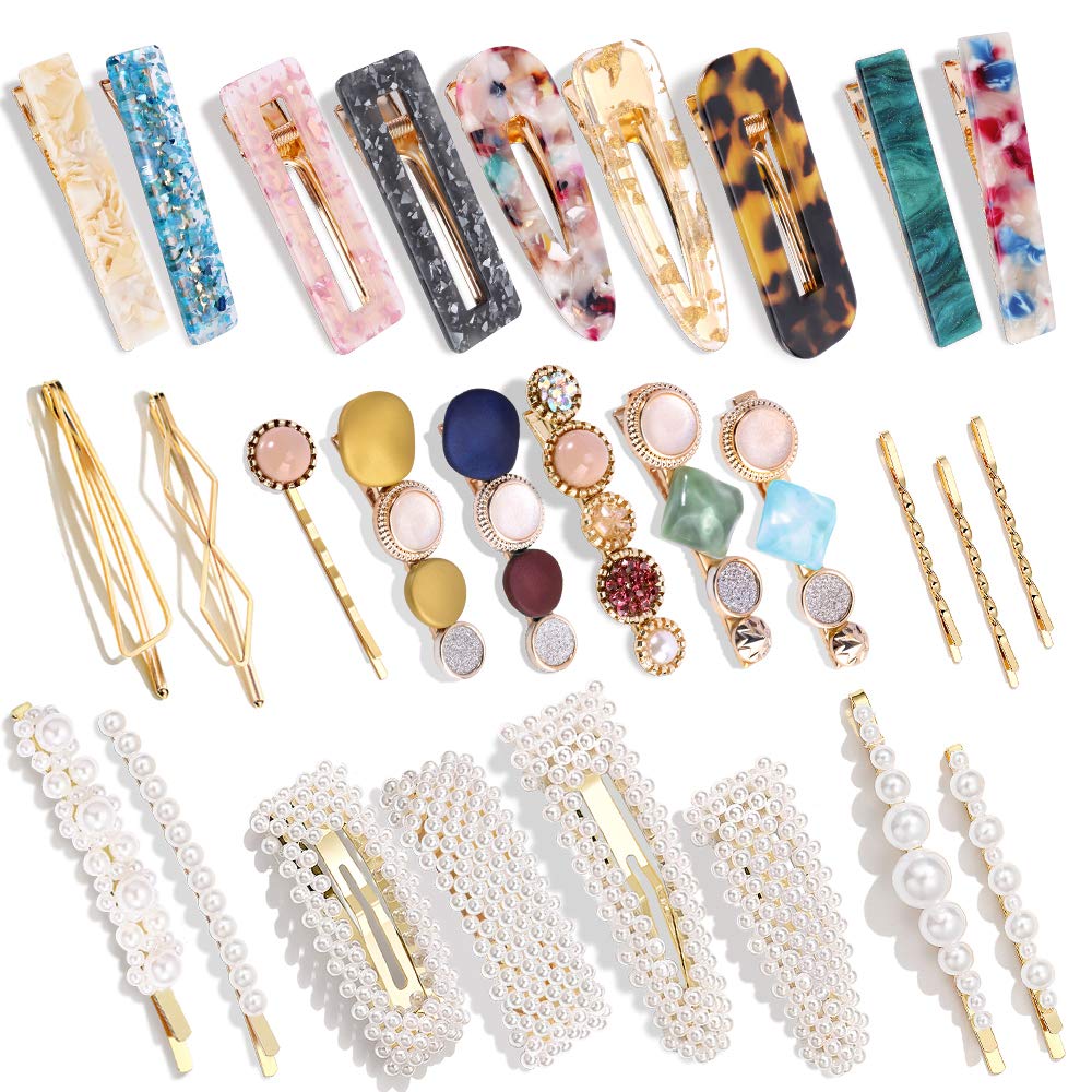 28 PCS Hingwah Pearls and Acrylic Resin Hair Clips, Handmade Hair Barrettes, Marble Alligator bobby pins, Glitter Crystal Geometric Hairpin, Elegant Gold Hair Accessories, Gifts for Women Girls- Buy Online in Pakistan