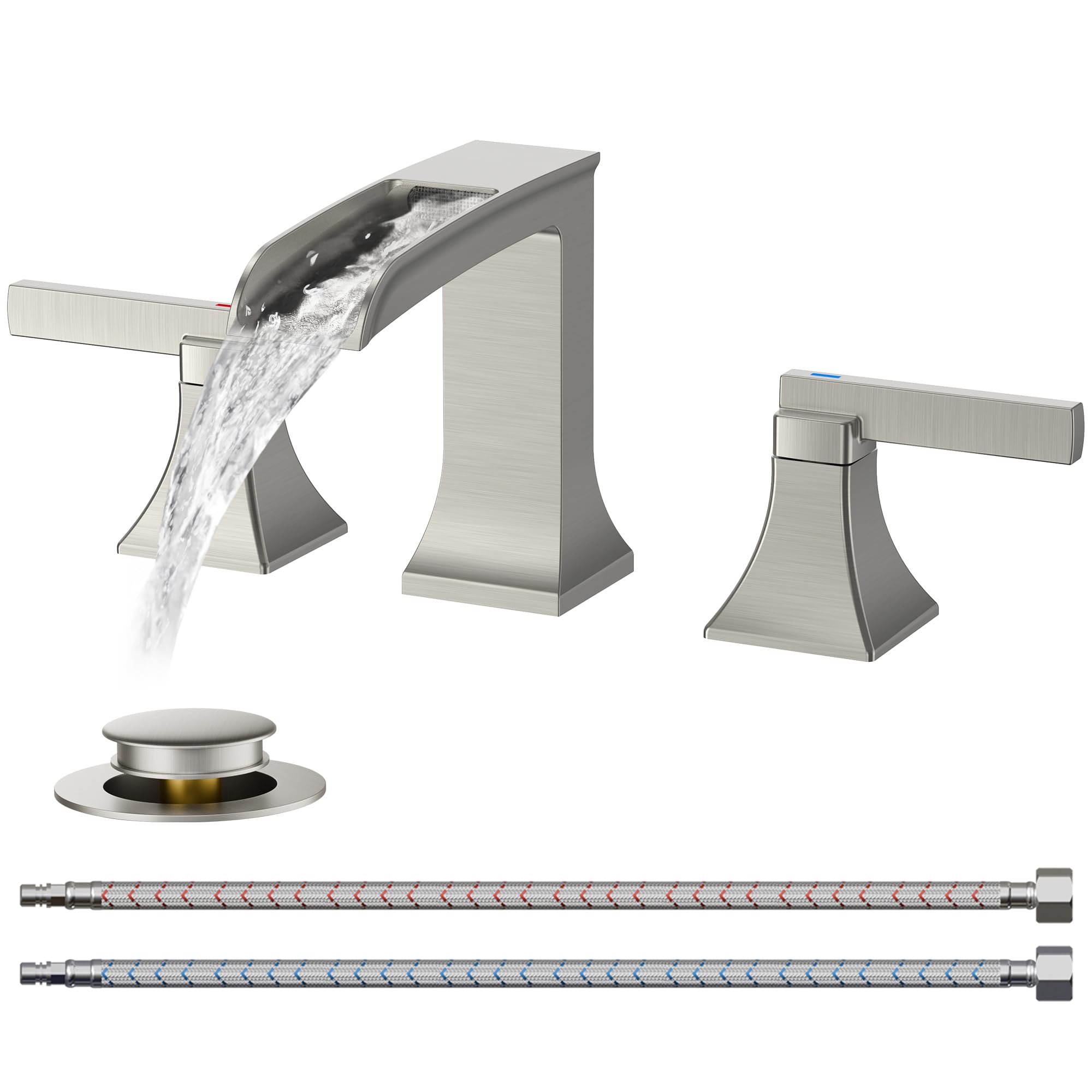FORIOUS Brushed Nickel 3 Hole Bathroom Faucet, 8" Widespread Bathroom Sink Faucet Waterfall for 4"-16" Sinks, 2 Brass Handle for Vanity with Metal Drain Stopper and CUPC Pre-Installed Hose System Image