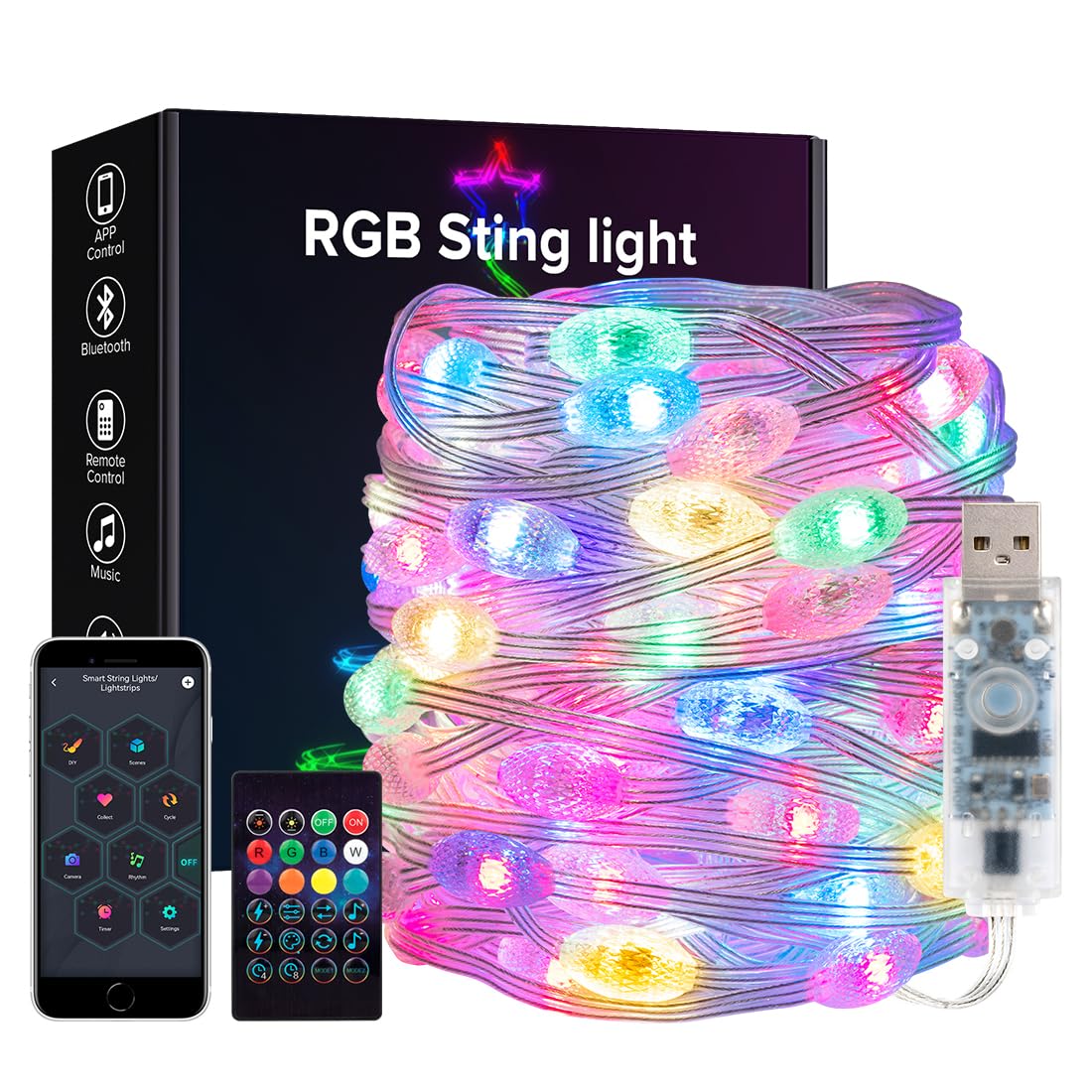 BTF-LIGHTING RGB IC Intelligent String Lights 10M 66LEDs Transparent Cable Transparent Rugby USB LED Light IP65 Waterproof with IR Remote Control Music Mode Timer Tracking Effect for Home Decoration