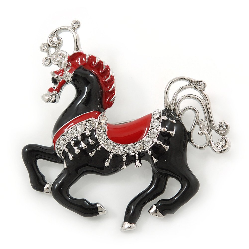 Black/Red Enamel, Crystal Horse Brooch In Silver Tone - 48mm Across