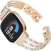 FULLIFE Compatible with Fitbit Versa 3/Fitbit Versa 4 Chain with Crystal Diamond Bling Metal Link Bracelet Strap Steel Fitbit Sense/Fitbit Sense 2 Band for Women, Rose Gold