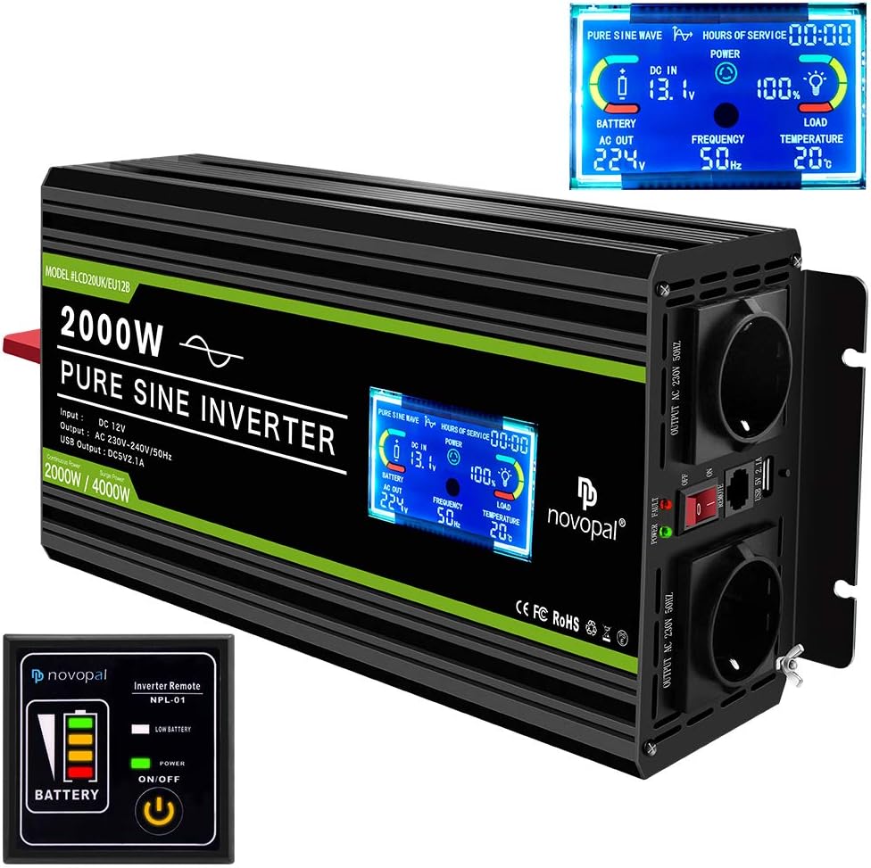 Novopal 2000W Pure Sine Wave Inverter 12V to 230V 240V Car Converter Power Inverter with LCD Display 2AC Outlets and USB Port,Remote Control for Motorhomes,Truck,Boat,Camping,Household,Van