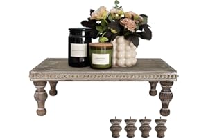 MAONAME Wood Display Risers Decorative tray, Farmhouse Pedestal Stand for Display Home Decor, Vintage Brown Beaded Wooden Tray for Kitchen Counter, Short and Tall Footed