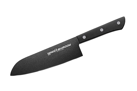 SAMURA Profi Santokumesser Ultra-scharf, groß, aus japanisch AUS 8 Edelstahl, 18cm Klingeschwarze Klinge mit Anti-Haft Beschi