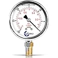 CARBO Instruments Stainless Steel Pressure Gauge Dual Display (-30 Hg/0 psi/kPa) -2 1-2" Glycerine Liquid Filled Water Air Oil Gas Gauge with Polycarbonate Lens & Brass Connection-1/4 NPT Lower Mount