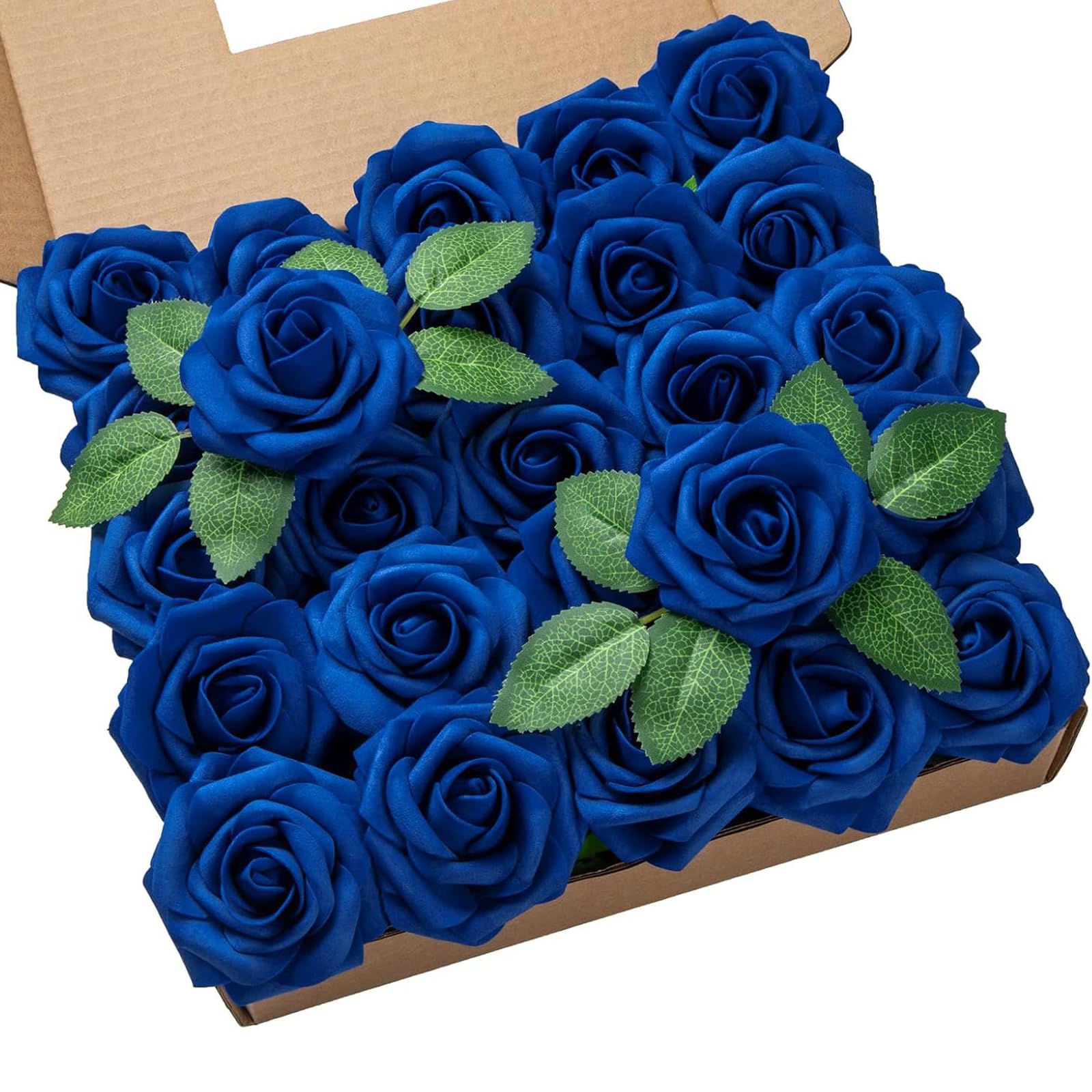 DuHouse 25Pcs Artificial Roses Flowers Fake Rose with Stems Real Touch Foam Flower Head for DIY Wedding Bridal Bouquet Baby Shower Centerpiece Floral Arrangement Party Home Decor(Royal Blue-A)